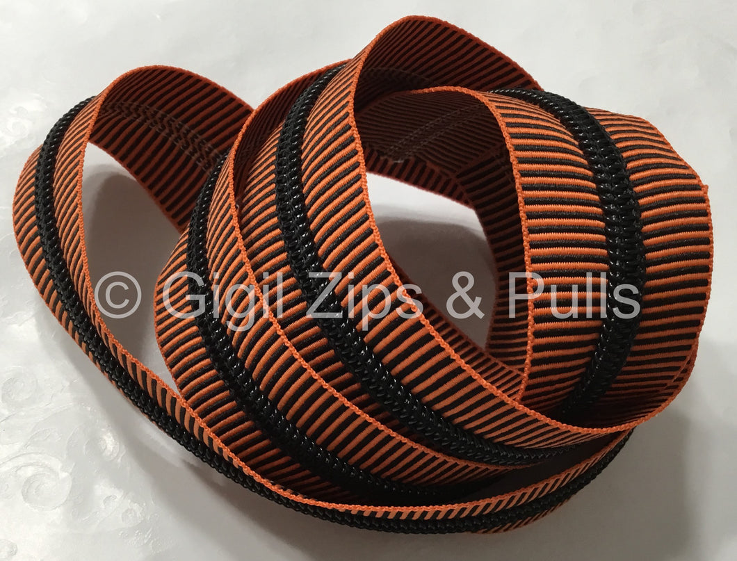 Zipper Tape - Orange & Black Narrow Stripes with Black Teeth - LIMITED QUANTITY