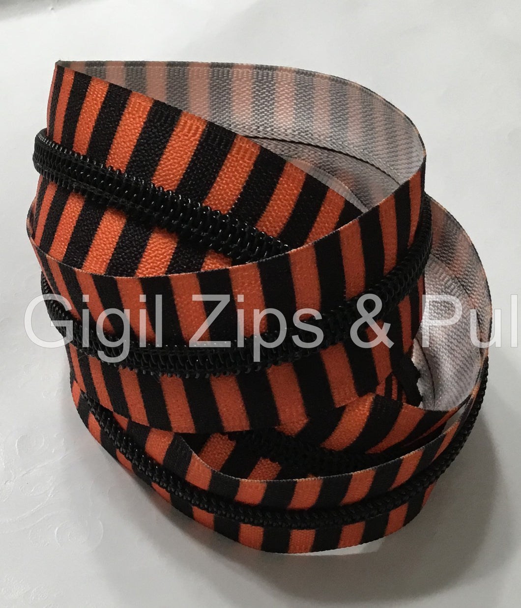 Zipper Tape - Orange & Black Wide Stripes with Black Teeth
