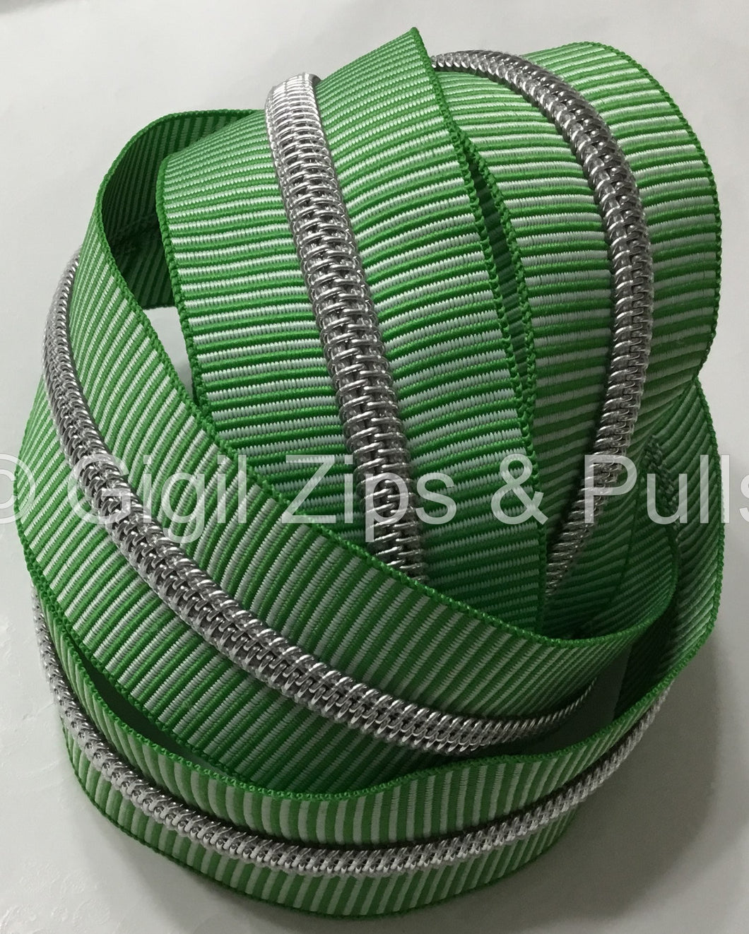 Zipper Tape - Green & White Narrow Stripes with Silver Teeth