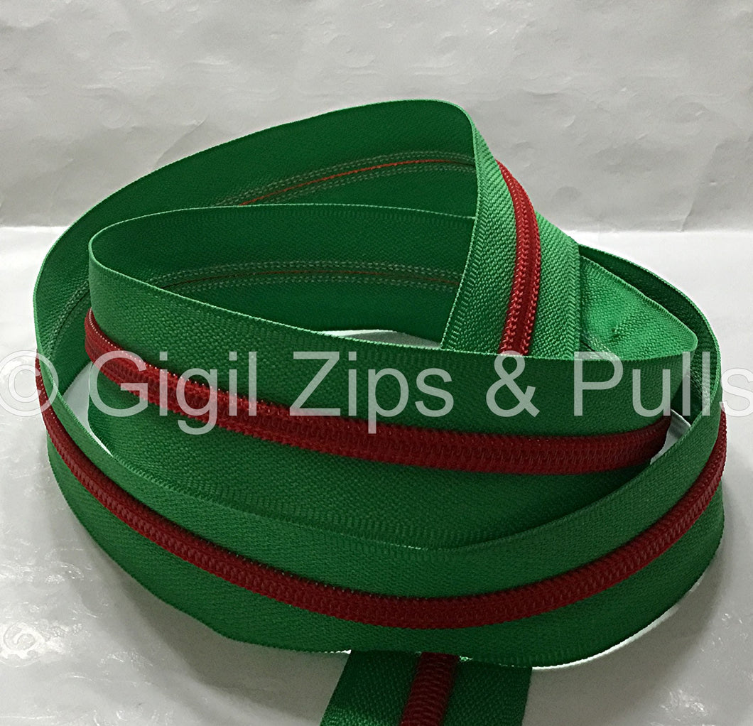 Zipper Tape - Green Tape with Red Teeth