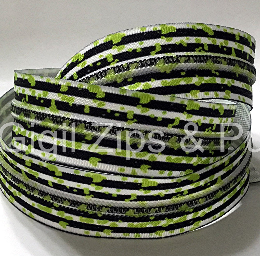 Zipper Tape - It's Showtime - Black/White Stripes w Green Splash