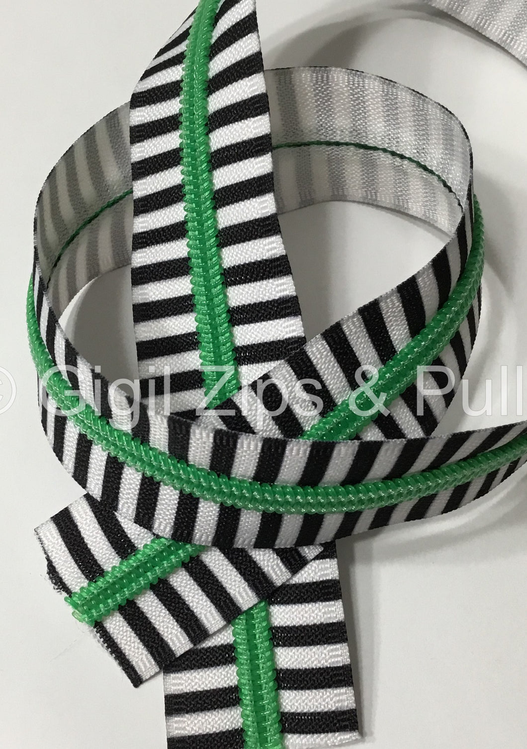 Zipper Tape - Showtime - Black/White Stripes w Green Teeth