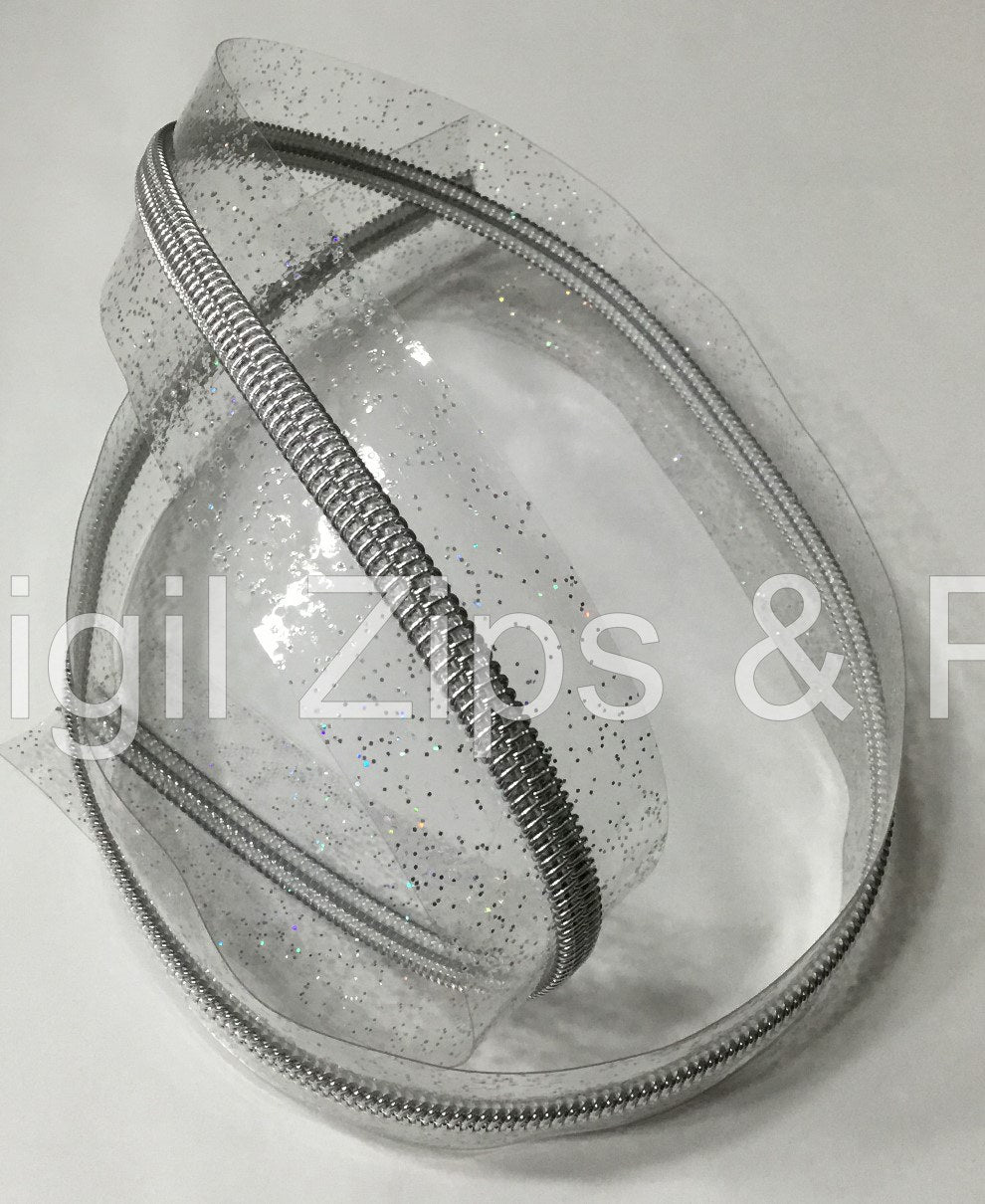 Zipper Tape - Clear Glitter Vinyl Tape w Silver Teeth