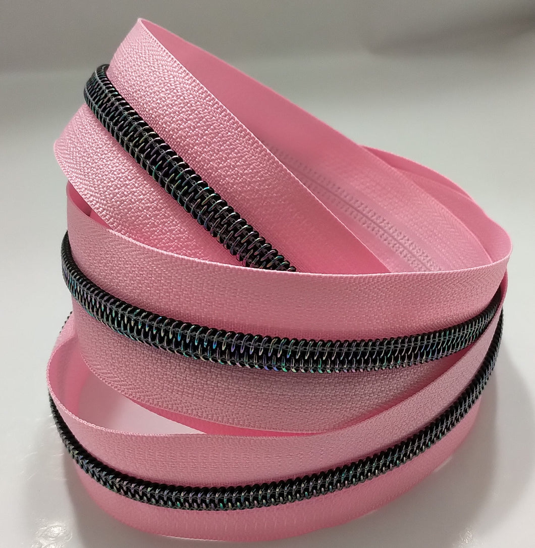 Zipper Tape - Pink with Dark Iridescent Teeth