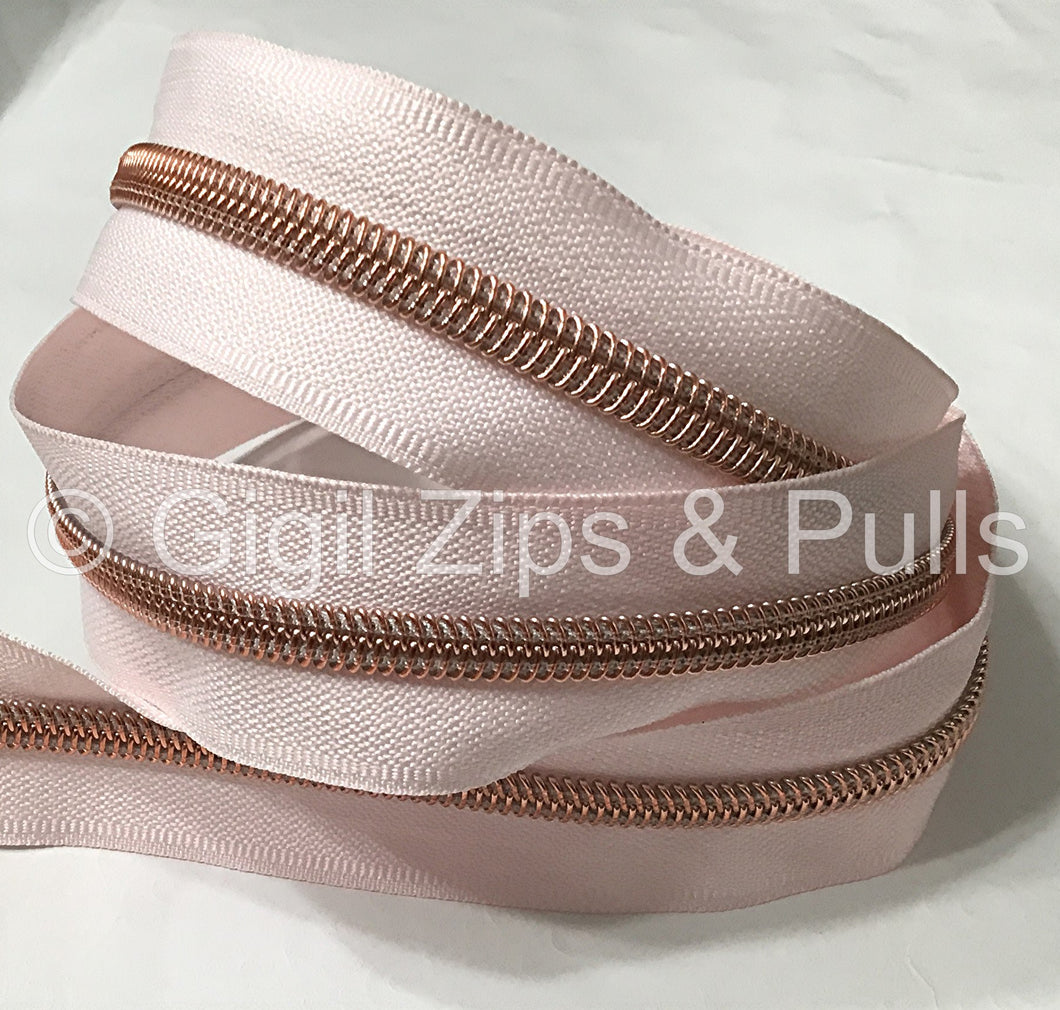 Zipper Tape - Light Rosy Pink w Rose Gold Teeth