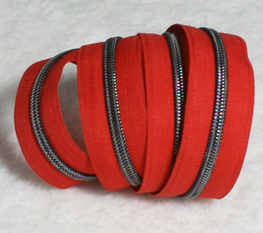Zipper Tape - Red w/ Dark Iridescent Teeth