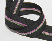 Load image into Gallery viewer, Zipper Tape - Black with Pink/Green Teeth
