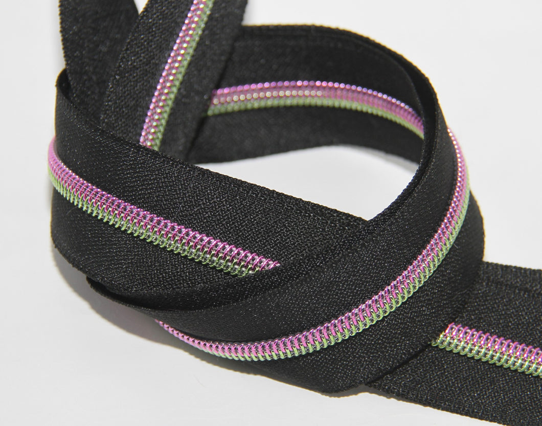 Zipper Tape - Black with Pink/Green Teeth