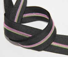 Load image into Gallery viewer, Zipper Tape - Black with Pink/Green Teeth
