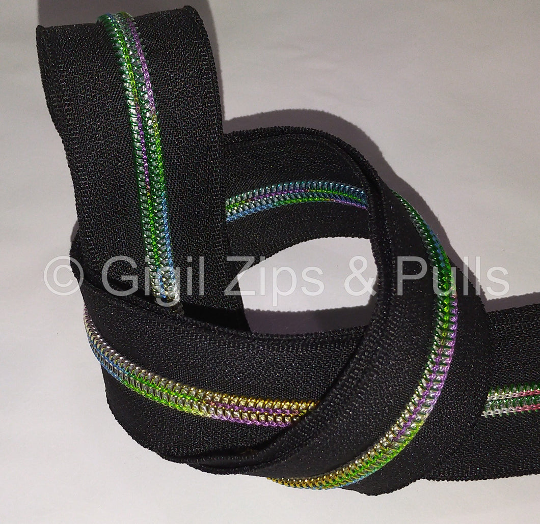 Zipper Tape - Black with Rainbow Teeth and Coils