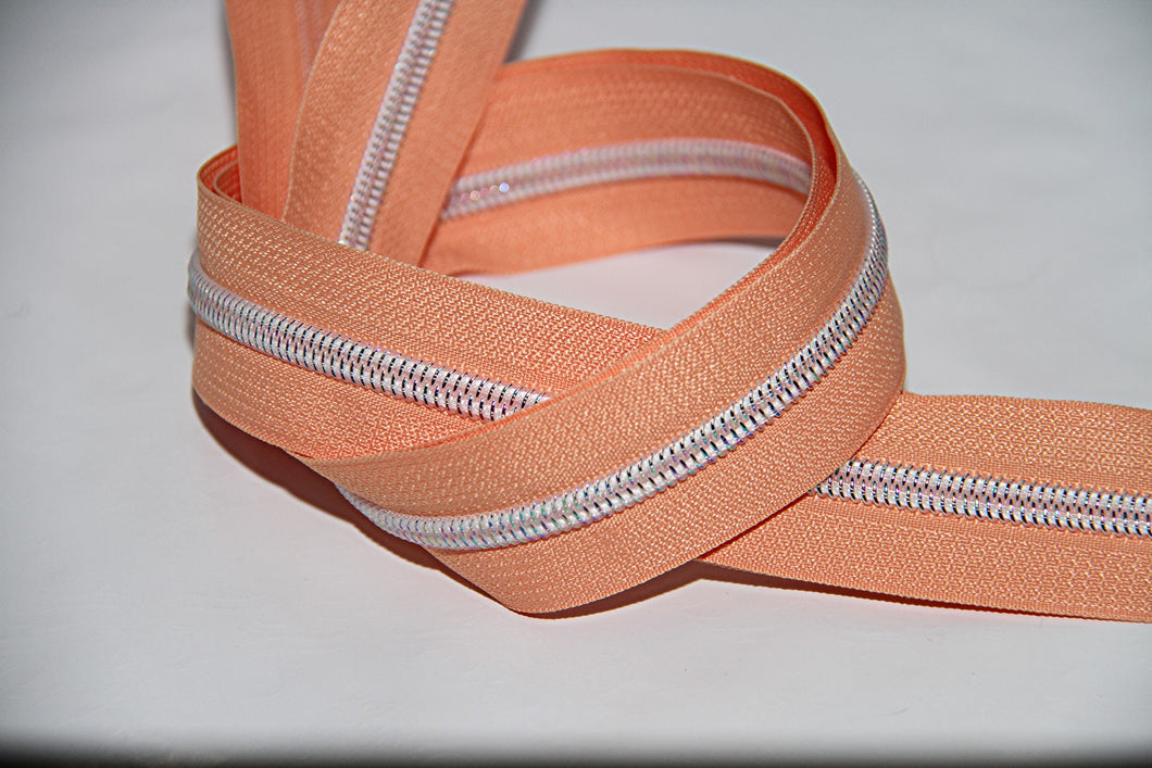 Zipper Tape - Coral with Light Iridescent Teeth