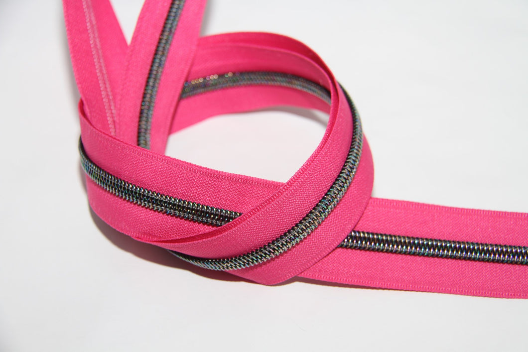 Zipper Tape - Hot Pink with Dark Iridescent Teeth