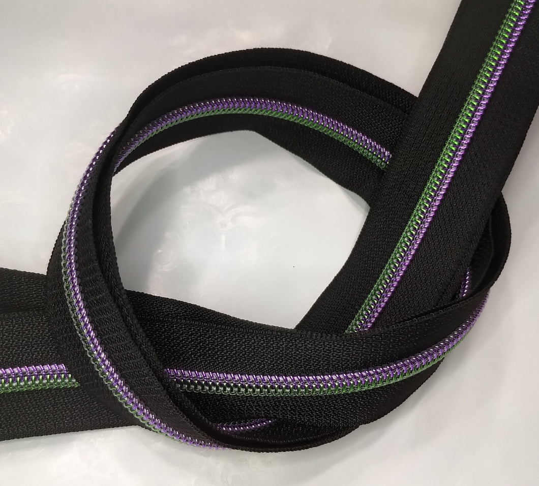 Zipper Tape - Black with Purple/Green Teeth