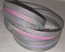 Load image into Gallery viewer, Zipper Tape - Silver Metallic with Pastel Rainbow Teeth #5
