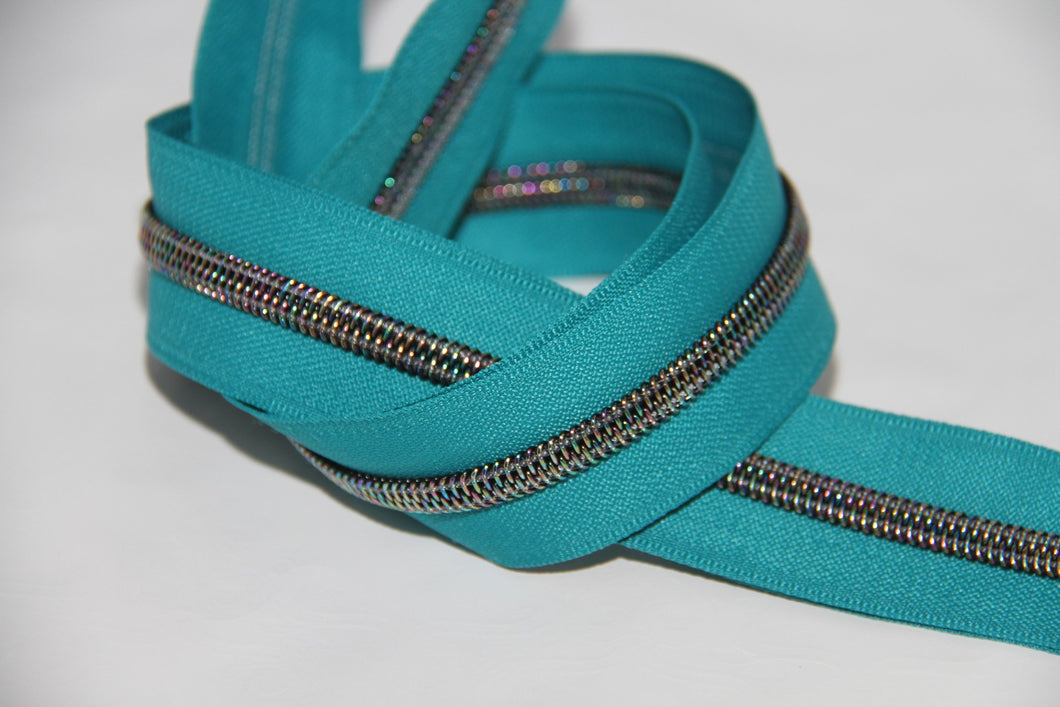 Zipper Tape - Dark Teal with Dark Iridescent Teeth